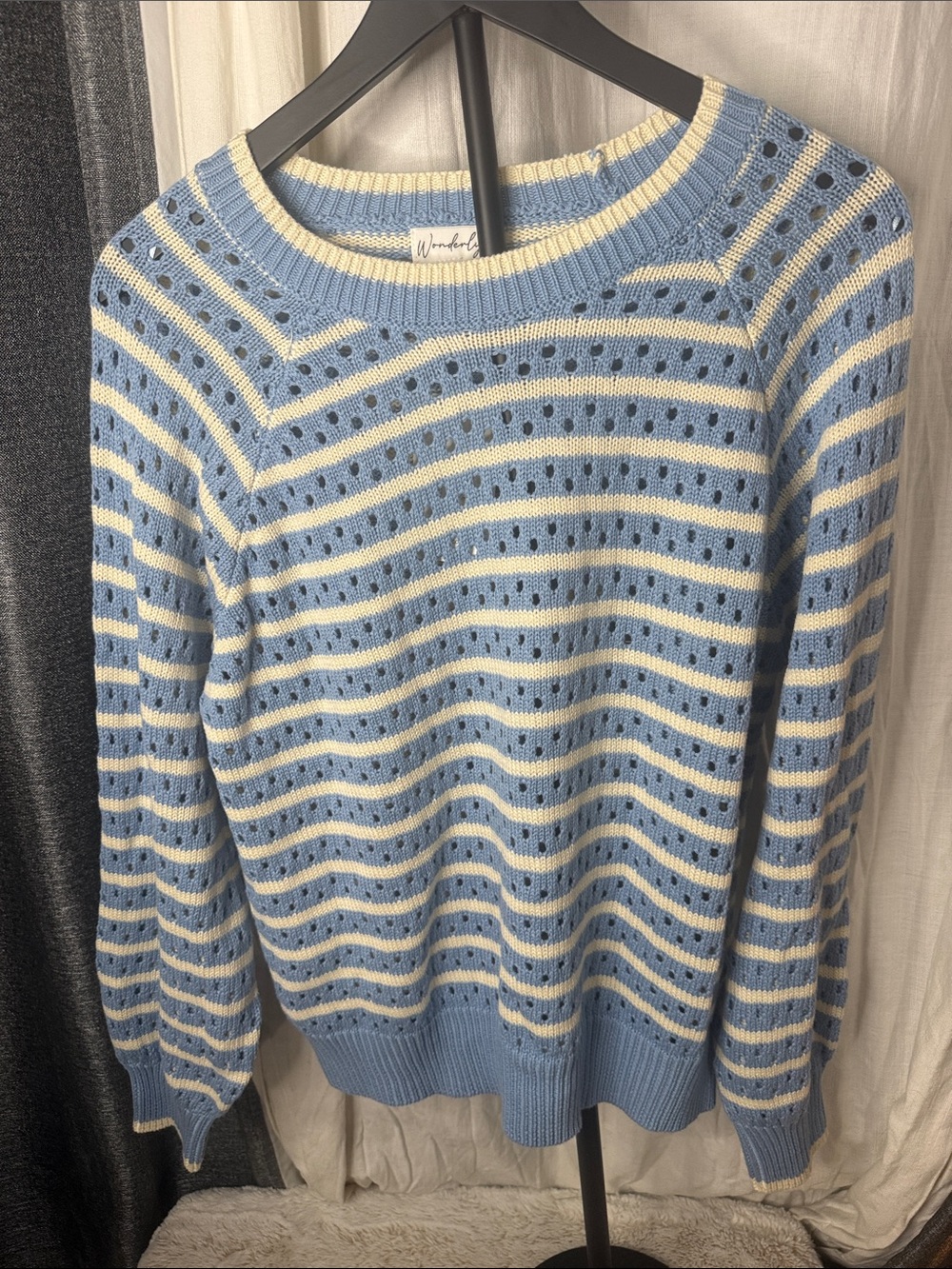 Wonderly Light Blue & Cream Striped Eyelet Knit Sweater